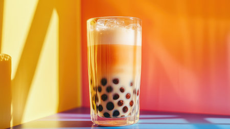A clear glass of bubble tea set against a bright, colorful background, highlighting the distinct layers of tea, milk, and chewy pearls, creating a visually appealing image.の素材