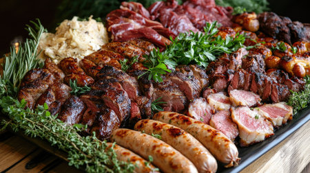 A beautifully arranged platter of assorted meats, including juicy steaks, tender chicken, and flavorful sausages, garnished with fresh herbs, showcasing a feast for meat lovers.の素材