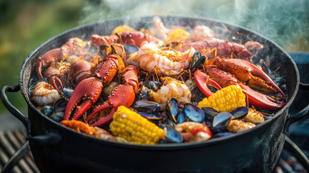 A beautiful outdoor scene of a large pot simmering on a grill, filled with a colorful seafood boil, perfect for family gatherings and summer cookouts.の素材