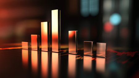 A D bar chart with metallic bars increasing steadily, set against a dark background, illustrating financial growth and economic trends.の素材