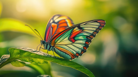 A butterfly with colorful wings resting on a lush green leaf, blending with its surroundings as it prepares to take flight in the warm sunlight.の素材