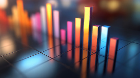 A D bar graph with ascending bars placed on a reflective surface, depicting positive market trends and financial success in a visually impactful manner.の素材