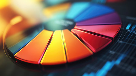 A close-up of a D financial pie chart with bright, transparent segments rotating slowly, highlighting the breakdown of corporate earnings.の素材