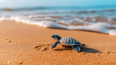 A captivating image of a sea turtle hatchling making its way to the ocean, with soft golden sand in the foreground and the blue sea in the background, symbolizing the journey of life.の素材