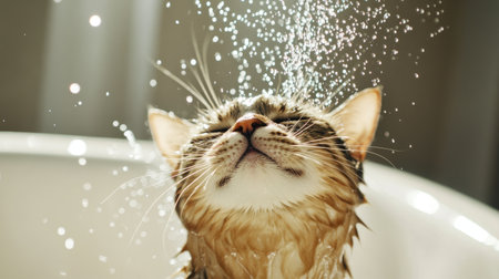 A cat emerging from a bath with wet fur, shaking off water droplets in mid-air, capturing the moment of joy and playfulness that often follows a bath.の素材