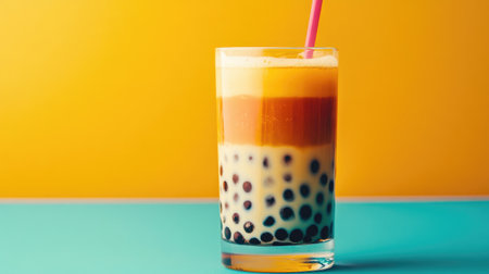 A clear glass of bubble tea set against a bright, colorful background, highlighting the distinct layers of tea, milk, and chewy pearls, creating a visually appealing image.の素材