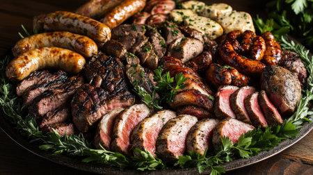 A beautifully arranged platter of assorted meats, including juicy steaks, tender chicken, and flavorful sausages, garnished with fresh herbs, showcasing a feast for meat lovers.の素材