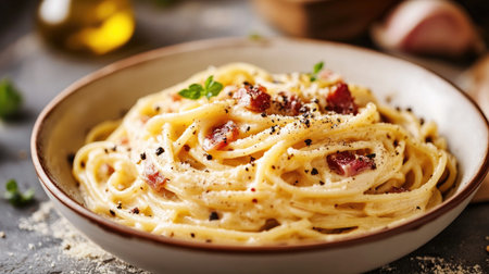 An elegant bowl of spaghetti carbonara, featuring creamy sauce, crispy pancetta, and a sprinkle of black pepper, illustrating the indulgence of Italian cuisine.の素材