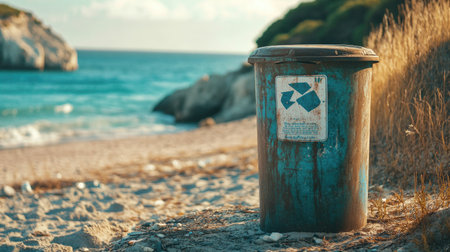 An outdoor trash bin near a beach, with a clear sign reminding people to dispose of their waste properly to protect marine life and the environment.の素材