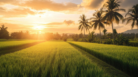 An idyllic southern landscape featuring lush green fields and palm trees, bathed in golden sunlight as the sun sets, showcasing the tranquility of rural life.の素材