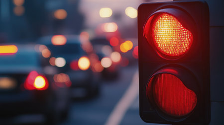 A close-up of a traffic signal changing to red, with vehicles halted in the background, showcasing the intersection of time and traffic management.の素材