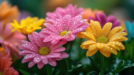 A colorful bouquet of flowers with dew drops delicately resting on their petals, set against a soft blurred background, showcasing the beauty of floral arrangements.の素材
