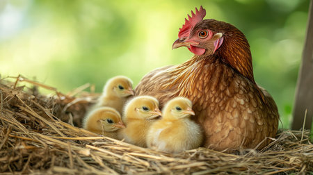 A close-up of a mother hen nesting in a cozy straw bed with her chicks snuggled close, illustrating the nurturing side of nature in a farm setting.の素材