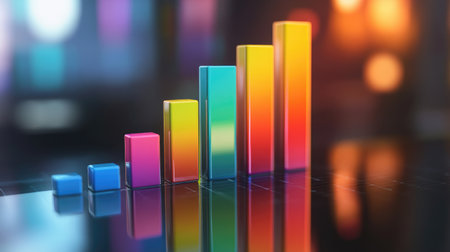 A colorful D bar graph rising dramatically on a reflective surface, symbolizing growth and success in business performance metrics.の素材