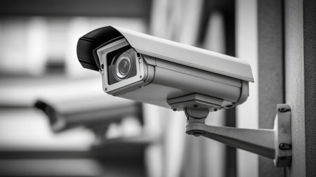A close-up of a modern security camera mounted on a building exterior, capturing a clear view of the entrance, emphasizing the importance of surveillance for safety.の素材