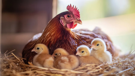 A close-up of a mother hen nesting in a cozy straw bed with her chicks snuggled close, illustrating the nurturing side of nature in a farm setting.の素材