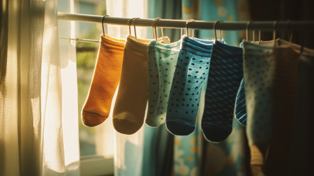 A close-up of socks and shirts hanging on a drying rack indoors, with soft sunlight streaming through the window, creating a cozy, homey scene.の素材