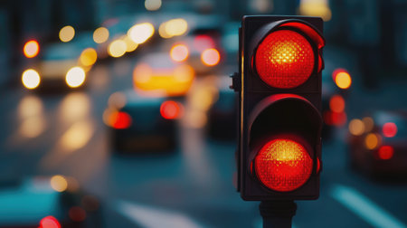 A close-up of a traffic signal changing to red, with vehicles halted in the background, showcasing the intersection of time and traffic management.の素材