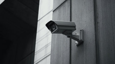 A close-up of a modern security camera mounted on a building exterior, capturing a clear view of the entrance, emphasizing the importance of surveillance for safety.の素材