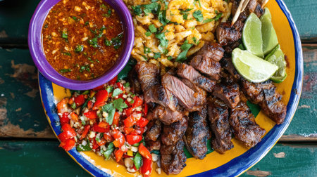 A colorful plate of Thai street food featuring grilled meats and a side of chili dipping sauce, inviting viewers to experience the bold flavors of Thai street cuisine.の素材