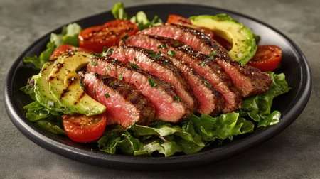A delicious steak salad featuring slices of grilled steak atop mixed greens, cherry tomatoes, and avocado, drizzled with a tangy dressing for a healthy meal option.の素材