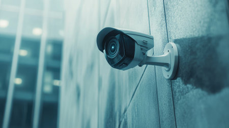 A close-up of a modern security camera mounted on a building exterior, capturing a clear view of the entrance, emphasizing the importance of surveillance for safety.の素材