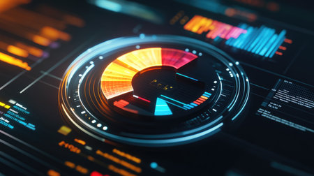 A close-up of a sleek D pie chart with colorful segments floating above a futuristic interface, representing financial data breakdowns and modern data visualization.の素材