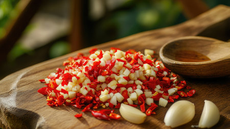 A close-up shot of finely chopped chili peppers and garlic on a cutting board, illustrating the preparation of flavorful Thai dishes, with a knife and a wooden spoon beside them.の素材
