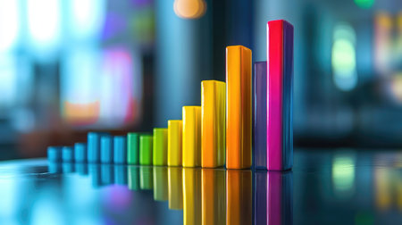 A colorful D bar graph rising dramatically on a reflective surface, symbolizing growth and success in business performance metrics.の素材