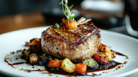 A close-up of a perfectly cooked pork chop on a plate, garnished with roasted vegetables and a drizzle of sauce, illustrating the appeal of fine dining.の素材