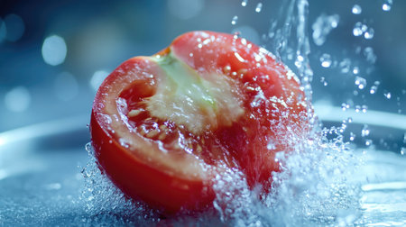 A close-up shot of a juicy tomato being sliced, with droplets of water glistening on its skin, highlighting its freshness and the anticipation of a delicious meal.の素材