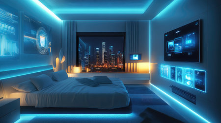 A contemporary bedroom with smart home technology, including automated lighting and climate control, showcasing the future of modern living in a stylish setting.の素材