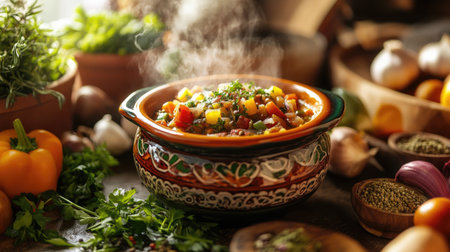 A colorful ceramic cooking pot filled with a steaming vegetable stew, surrounded by fresh ingredients like herbs and spices, showcasing a cozy home-cooking atmosphere.の素材