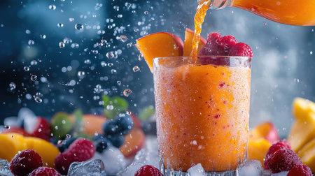 A creative image of a person pouring a vibrant fruit smoothie into a clear glass, with fruits and ice scattered around, highlighting the refreshing nature of the drink.の素材