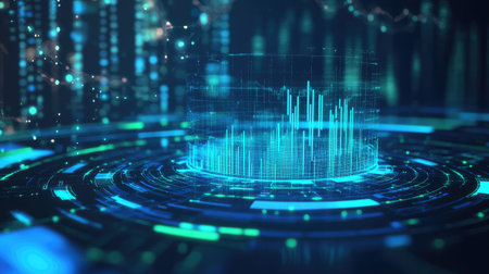 A digital D pie chart in blue and green hues, representing financial distribution on a holographic screen, symbolizing innovative financial analysis.の素材