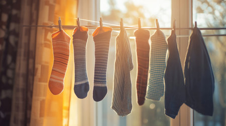 A close-up of socks and shirts hanging on a drying rack indoors, with soft sunlight streaming through the window, creating a cozy, homey scene.の素材