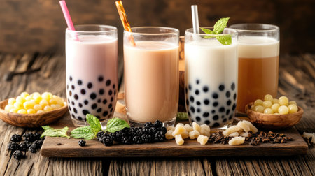 A creative shot of bubble tea ingredients, including tapioca pearls, tea leaves, and milk, arranged artfully on a wooden table, showcasing the components of this delicious drink.の素材