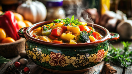 A colorful ceramic cooking pot filled with a steaming vegetable stew, surrounded by fresh ingredients like herbs and spices, showcasing a cozy home-cooking atmosphere.の素材