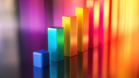 A colorful D bar graph rising dramatically on a reflective surface, symbolizing growth and success in business performance metrics.の素材