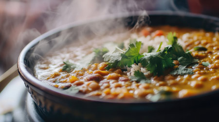 A close-up of a steaming bowl of fragrant lentil dal, served with basmati rice and garnished with fresh cilantro, highlighting the richness of Indian cuisine.の素材