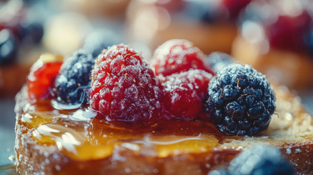 A close-up of crispy, buttery toast drizzled with honey and topped with colorful berries, highlighting the deliciousness of a sweet breakfast treat.の素材