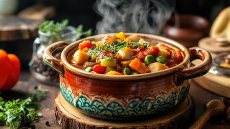 A colorful ceramic cooking pot filled with a steaming vegetable stew, surrounded by fresh ingredients like herbs and spices, showcasing a cozy home-cooking atmosphere.の素材