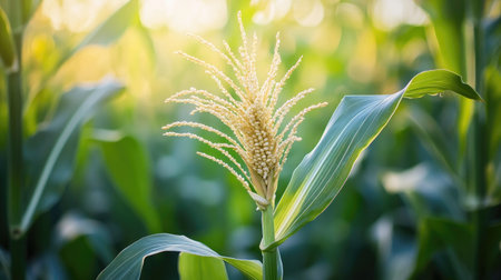 A close-up of a corn plant with tassels and developing ears, illustrating the growth process and the beauty of nature in a cornfield.の素材