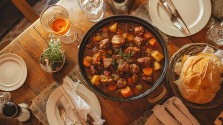 A cozy family dinner table set with a hearty meat-based stew, accompanied by bread and vegetables, inviting warmth and togetherness around the meal.の素材