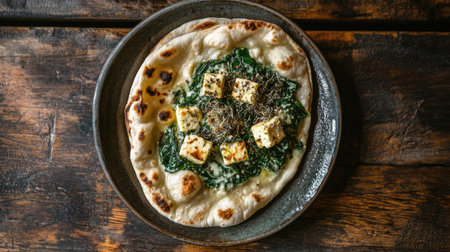 A delicious plate of palak paneer with garlic naan, beautifully garnished and set against a rustic wooden table, highlighting the comfort of homemade Indian dishes.の素材