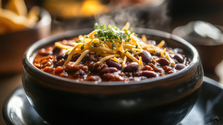 A comforting scene of a warm bowl of chili being served at a cozy gathering, with steam rising and toppings like cheese and sour cream ready for guests.の素材