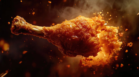 A dramatic shot of a freshly fried chicken drumstick being pulled apart to reveal juicy, tender meat, emphasizing the irresistible appeal of this popular dish.の素材