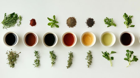 A creative flat lay of various homemade sauces alongside fresh herbs and spices, illustrating the process of cooking and the flavor profiles used in different cuisines.の素材