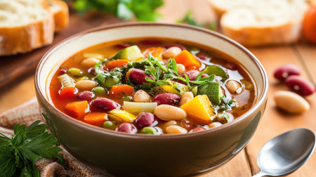 A delightful image of a bowl of minestrone soup, filled with colorful vegetables and beans, served with crusty bread, representing the heartiness of Italian home cooking.の素材