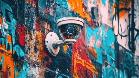 A creative image of a CCTV camera surrounded by colorful graffiti art on a city wall, illustrating the contrast between security technology and urban creativity.の素材